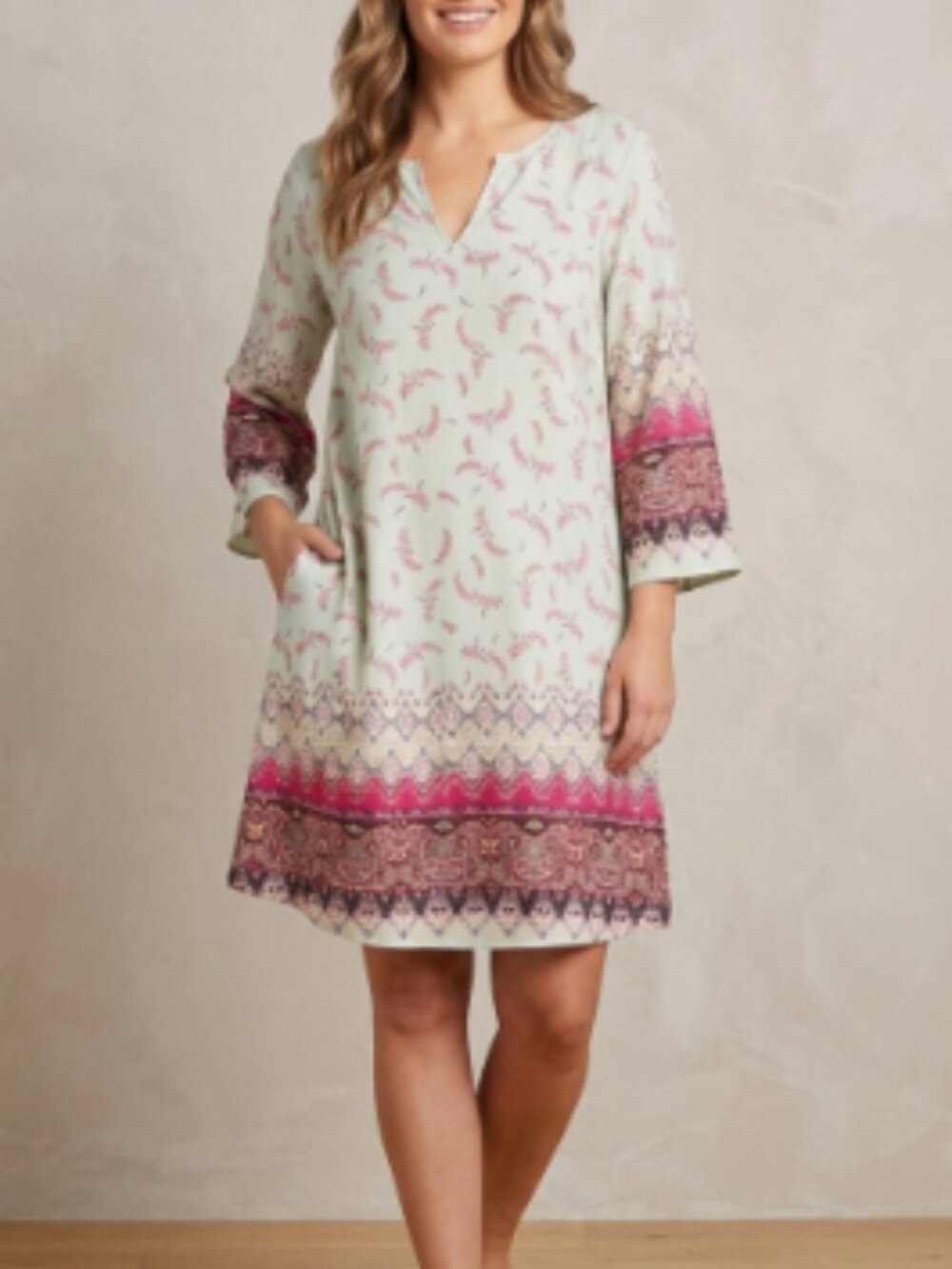 Mint Green Pink Paisley Border Print Shift Dress Boho Bell Sleeve Made in USA L